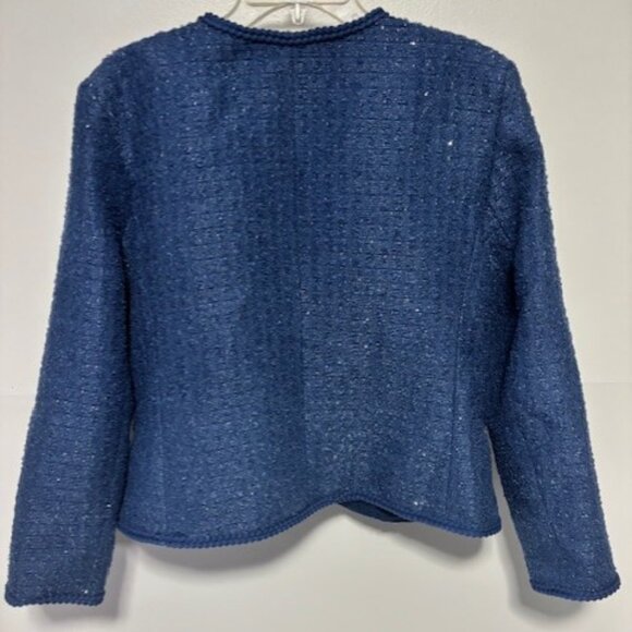 Ann Taylor Jacket Blue 14 Long Sleeve 2 Button Metallic Sparkle Fringe Classic - Picture 2 of 6
